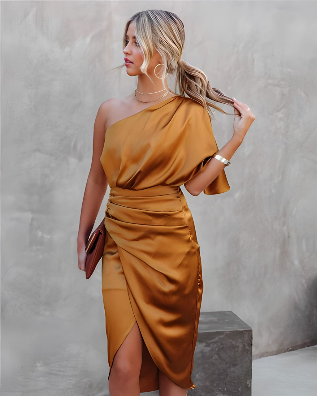 Model wearing the Elena Women's One-Shoulder Satin Dress, showcasing an elegant design with a luxurious satin texture, ruched detailing, and a stylish one-shoulder sleeve, perfect for formal events or special occasions.