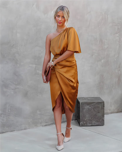 Model wearing the Elena Women's One-Shoulder Satin Dress, showcasing an elegant design with a luxurious satin texture, ruched detailing, and a stylish one-shoulder sleeve, perfect for formal events or special occasions.