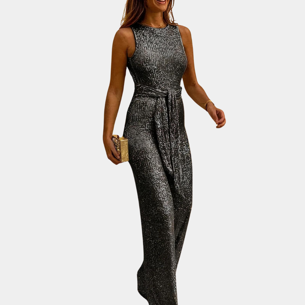 Model wearing the Sienna | Elegant Sleeveless Evening Jumpsuit, featuring a sleek, tailored fit and a sleeveless design. Perfect for formal events or special occasions, this jumpsuit offers a sophisticated and glamorous look.