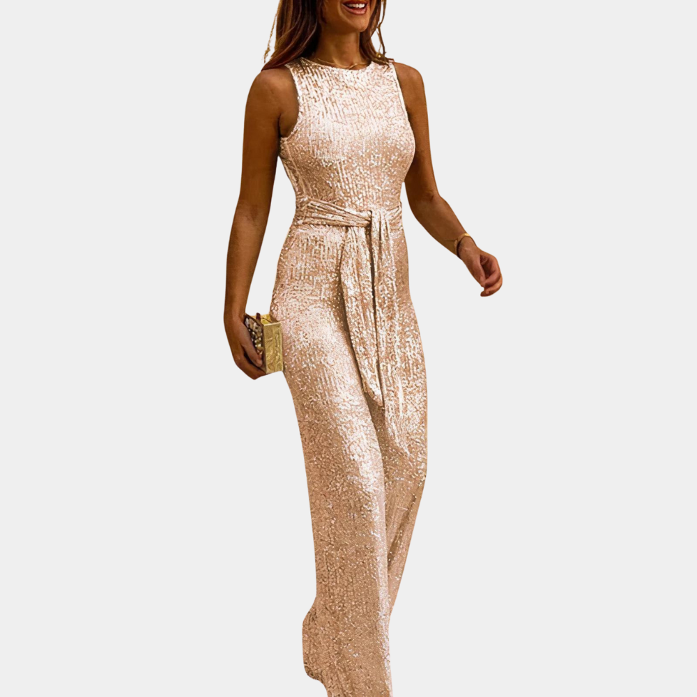 Model wearing the Sienna | Elegant Sleeveless Evening Jumpsuit, featuring a sleek, tailored fit and a sleeveless design. Perfect for formal events or special occasions, this jumpsuit offers a sophisticated and glamorous look.