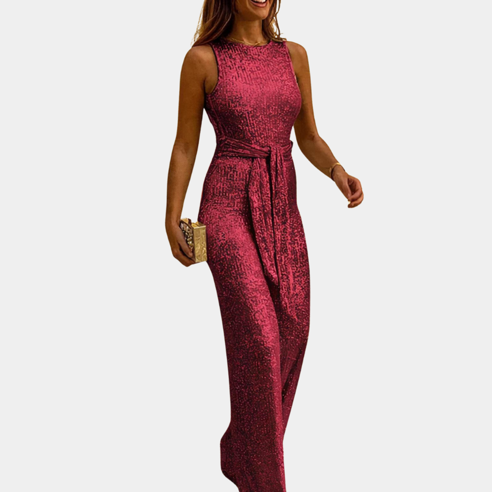 Model wearing the Sienna | Elegant Sleeveless Evening Jumpsuit, featuring a sleek, tailored fit and a sleeveless design. Perfect for formal events or special occasions, this jumpsuit offers a sophisticated and glamorous look.