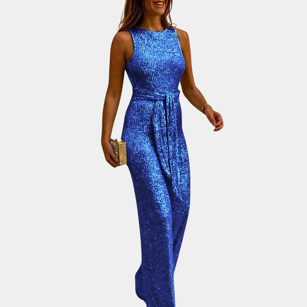 Model wearing the Sienna | Elegant Sleeveless Evening Jumpsuit, featuring a sleek, tailored fit and a sleeveless design. Perfect for formal events or special occasions, this jumpsuit offers a sophisticated and glamorous look.