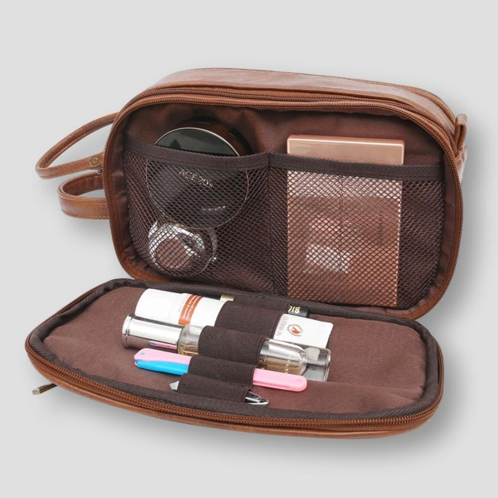 A spacious and functional travel organizer bag with multiple compartments, neatly holding toiletries, skincare products, and accessories for convenient storage and organization during travel.