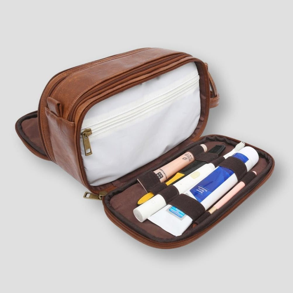 A spacious and functional travel organizer bag with multiple compartments, neatly holding toiletries, skincare products, and accessories for convenient storage and organization during travel.