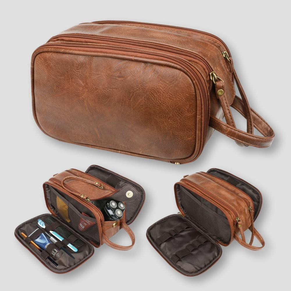 A spacious and functional travel organizer bag with multiple compartments, neatly holding toiletries, skincare products, and accessories for convenient storage and organization during travel.