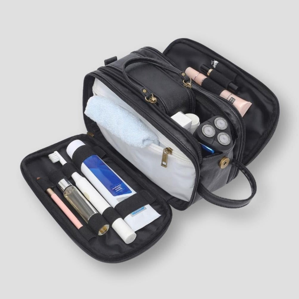 A spacious and functional travel organizer bag with multiple compartments, neatly holding toiletries, skincare products, and accessories for convenient storage and organization during travel.