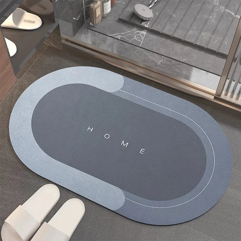 Oval anti-slip mat placed in a modern bathroom setting with slippers nearby, featuring a sleek and stylish design for the sale of Eva | Anti-Slip Mat | Stylish Home Mat.