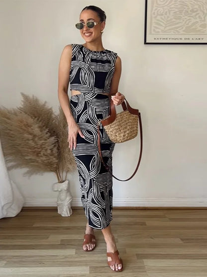 Retro Print Hollow Out Midi Dress