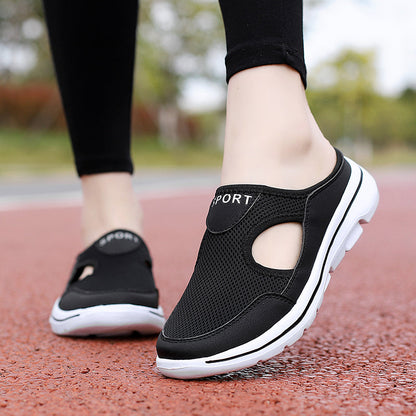 Image showing women's sporty sneakers with a breathable mesh design, featuring an open-toe and slip-on style, perfect for casual wear or active lifestyles.