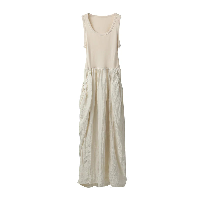 VintageCharm V-Neck Patchwork Dress Backless Loose Midi Dress