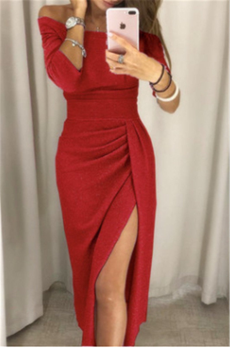 Woman wearing the Bella Women's Off-Shoulder Ruched Dress, a stylish party dress featuring a ruched waist, off-shoulder neckline, and an elegant side slit, posing in front of a mirror while holding a phone.