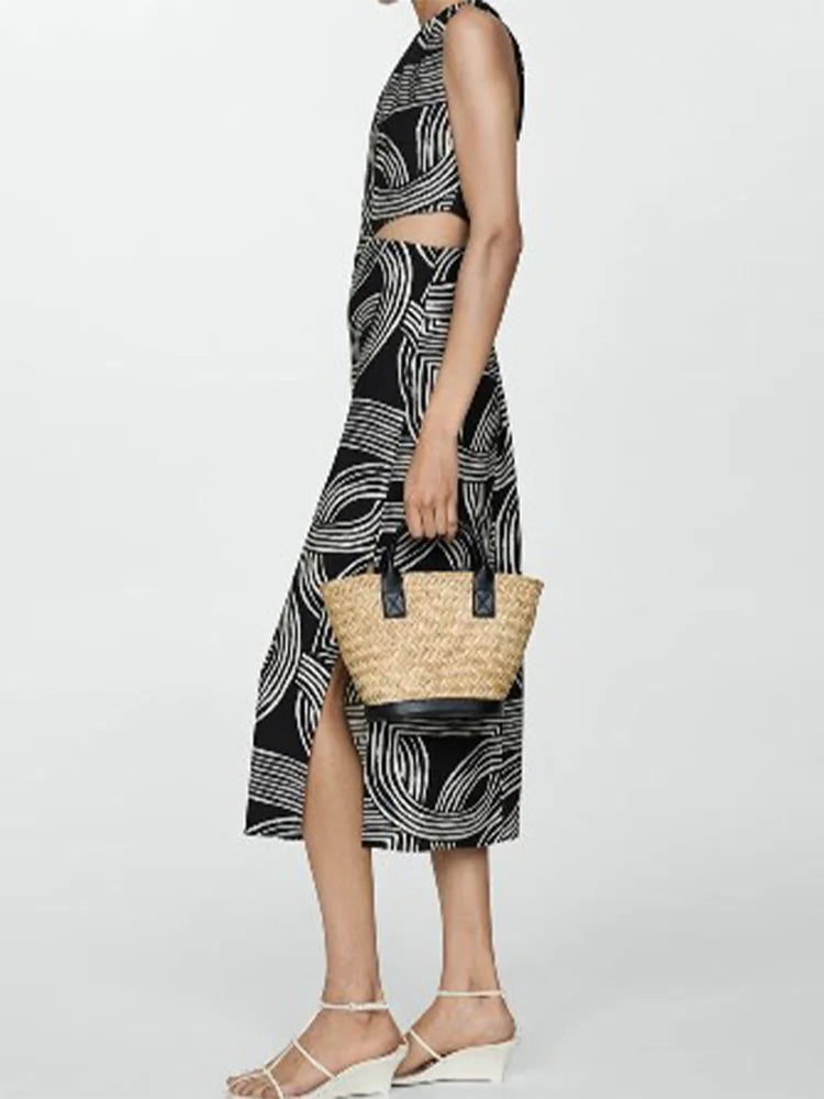Retro Print Hollow Out Midi Dress