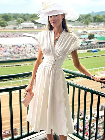 Chic White Pleated Midi Dress