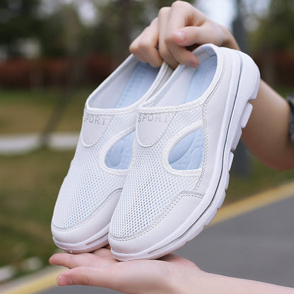 Image showing women's sporty sneakers with a breathable mesh design, featuring an open-toe and slip-on style, perfect for casual wear or active lifestyles.