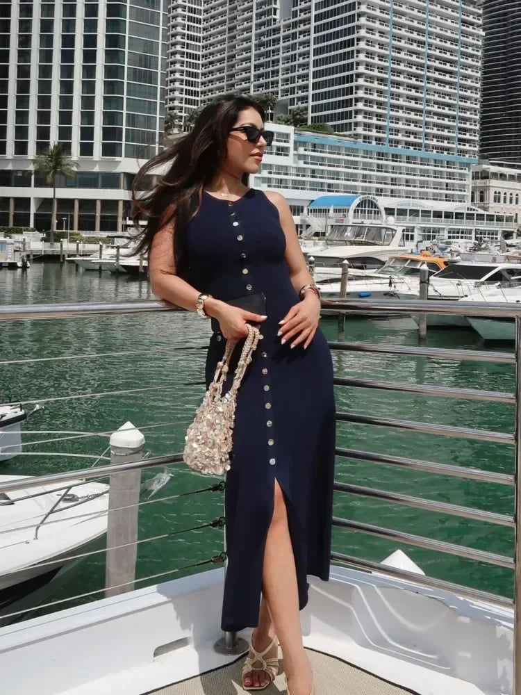 Solid Sleeveless Knit Midi Dress