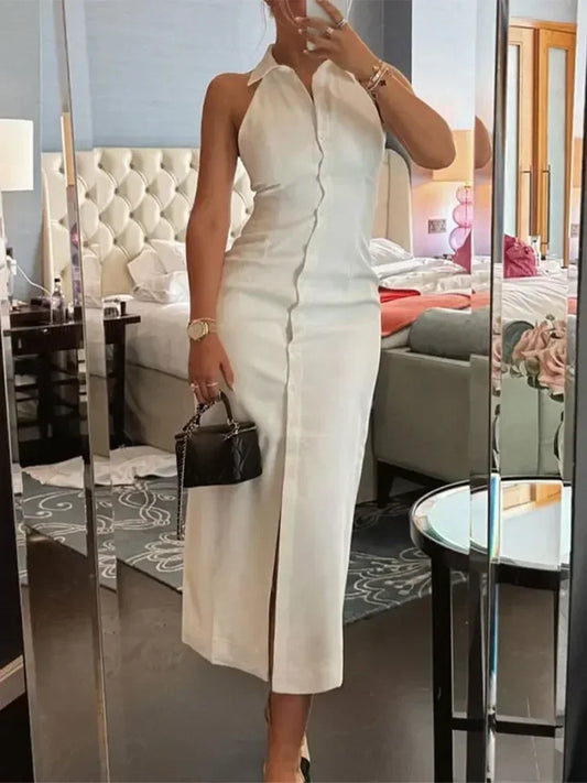 Elegant Lapel Sleeveless Dress