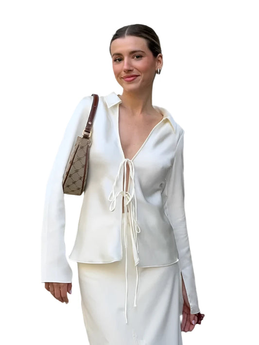 Traluna Women's Elegant Satin Lapel Blouse