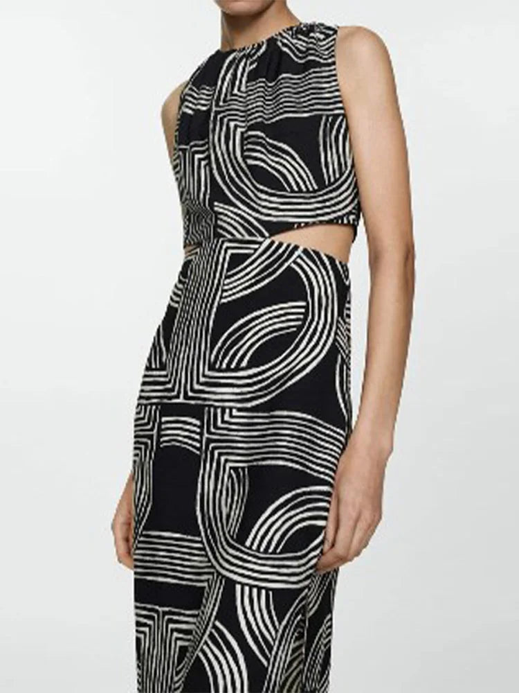 Retro Print Hollow Out Midi Dress