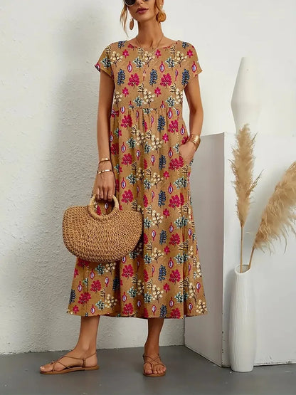 Elegant Cotton Linen Floral Dress