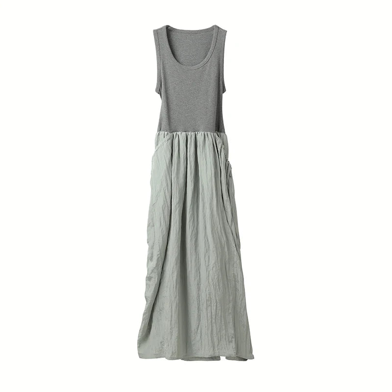 VintageCharm V-Neck Patchwork Dress Backless Loose Midi Dress