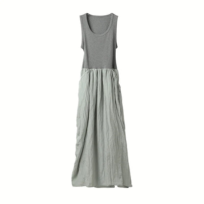 VintageCharm V-Neck Patchwork Dress Backless Loose Midi Dress