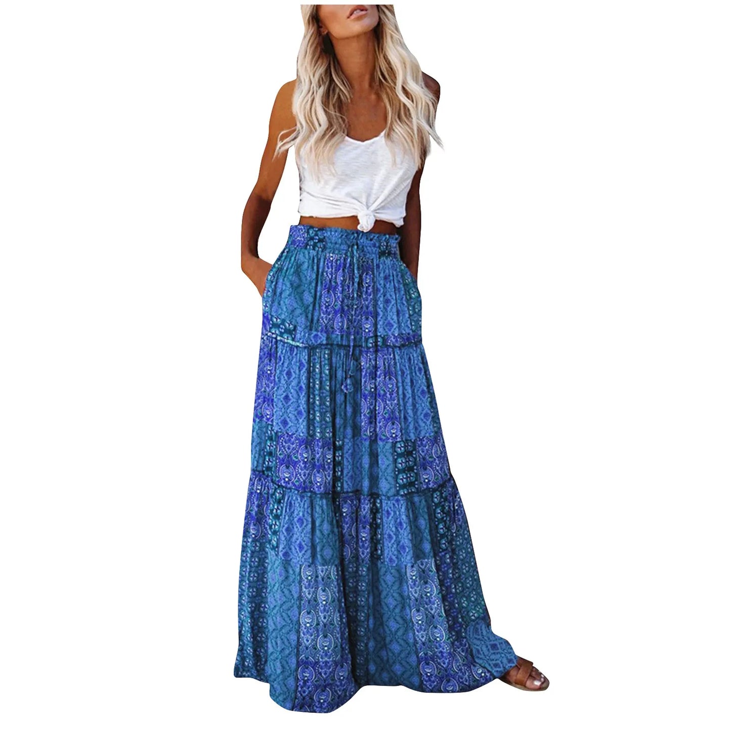 Model wearing the Sienna Women's Bohemian Skirt, featuring a tiered maxi design with a flowy silhouette, styled with a casual top and accessories for a boho-chic look.