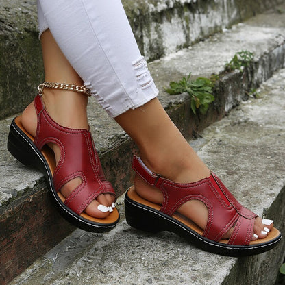 Zavanova - Brown Orthopedic Leather Wedge Sandals