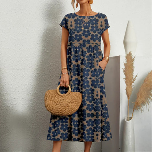 Elegant Cotton Linen Floral Dress