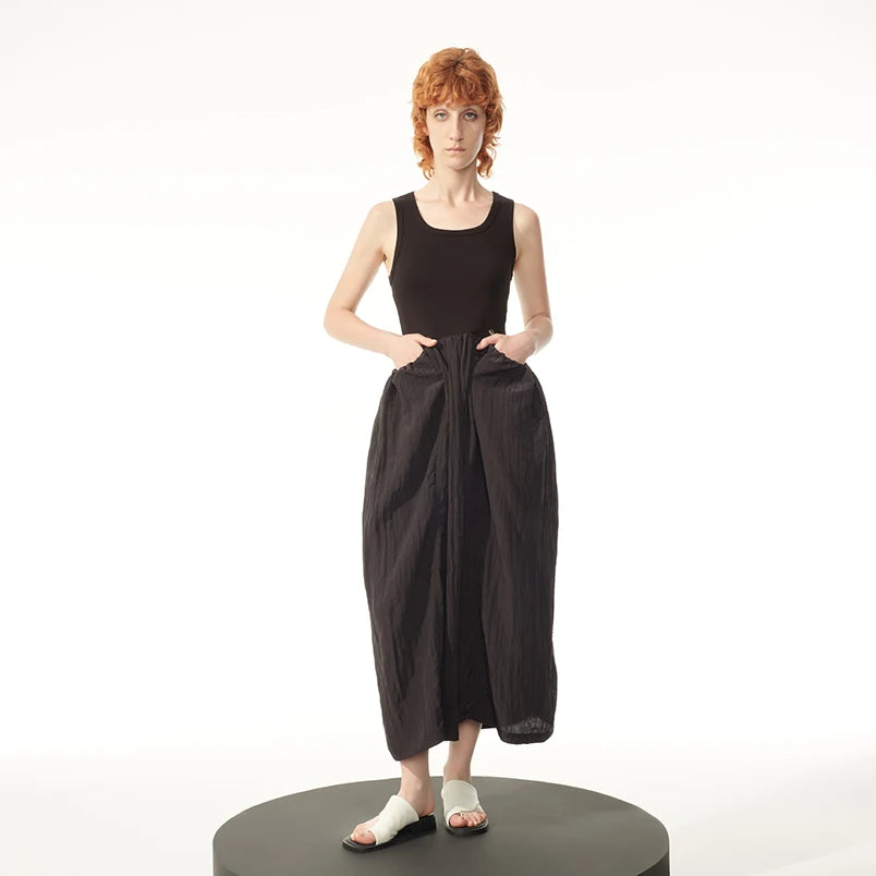 VintageCharm V-Neck Patchwork Dress Backless Loose Midi Dress