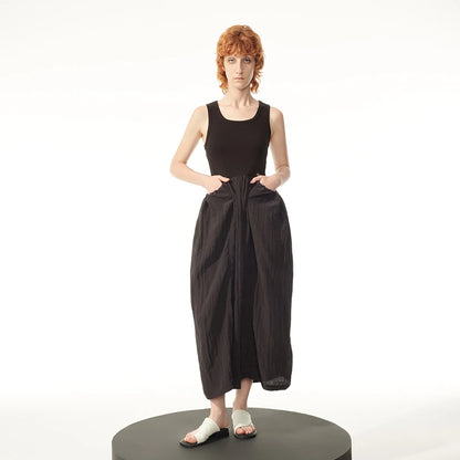 VintageCharm V-Neck Patchwork Dress Backless Loose Midi Dress