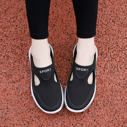 Image showing women's sporty sneakers with a breathable mesh design, featuring an open-toe and slip-on style, perfect for casual wear or active lifestyles.