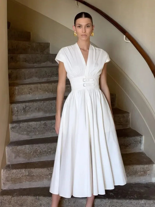 Chic White Pleated Midi Dress