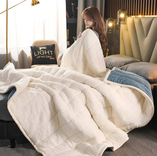 Plush bedding set featuring a cozy blanket and pillows, creating a luxurious and comfortable sleeping environment, shown in a serene bedroom setting with a person peacefully resting.