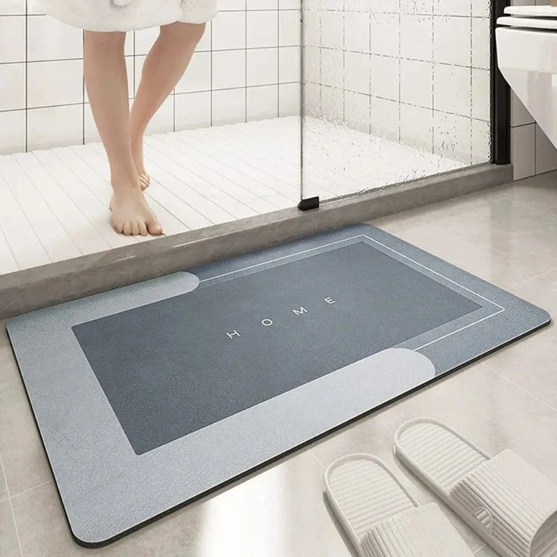 Oval anti-slip mat placed in a modern bathroom setting with slippers nearby, featuring a sleek and stylish design for the sale of Eva | Anti-Slip Mat | Stylish Home Mat.