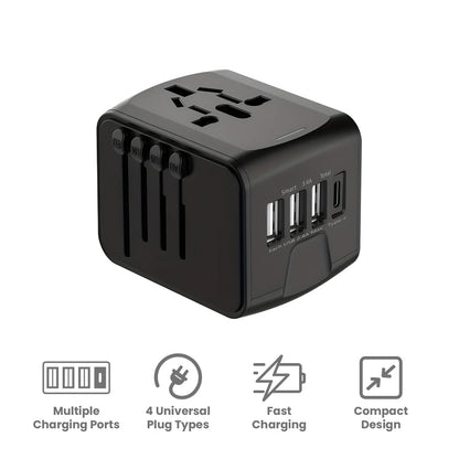 Universal travel adapter with multiple plug options and USB ports for charging devices. Compact, lightweight, and compatible with outlets in over 150 countries. Perfect for keeping devices powered during international travel or business trips.