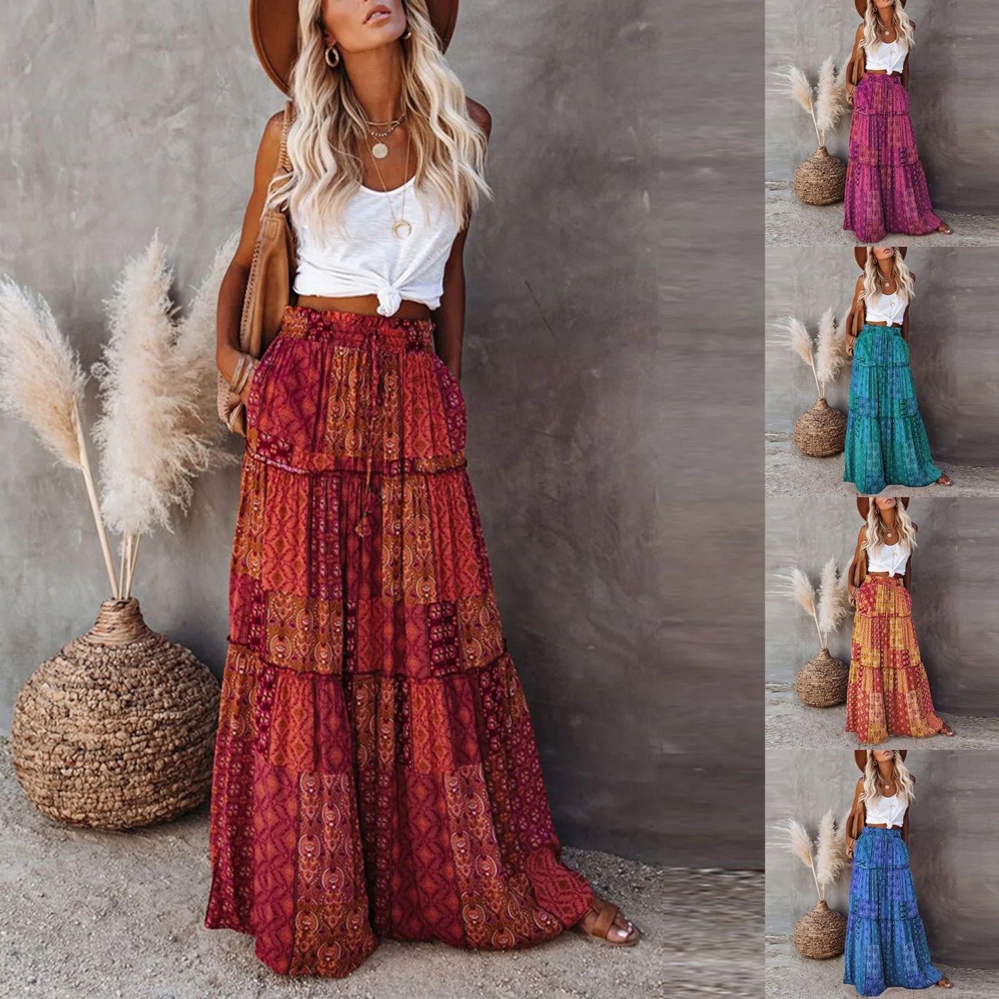 Model wearing the Sienna Women's Bohemian Skirt, featuring a tiered maxi design with a flowy silhouette, styled with a casual top and accessories for a boho-chic look.