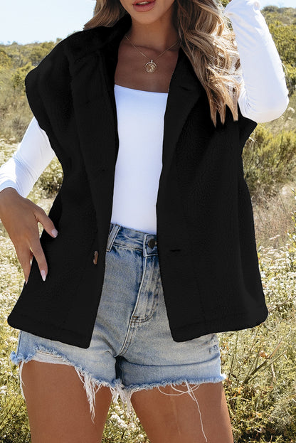 Cozy Sleeveless Sherpa Cape with Button Closure