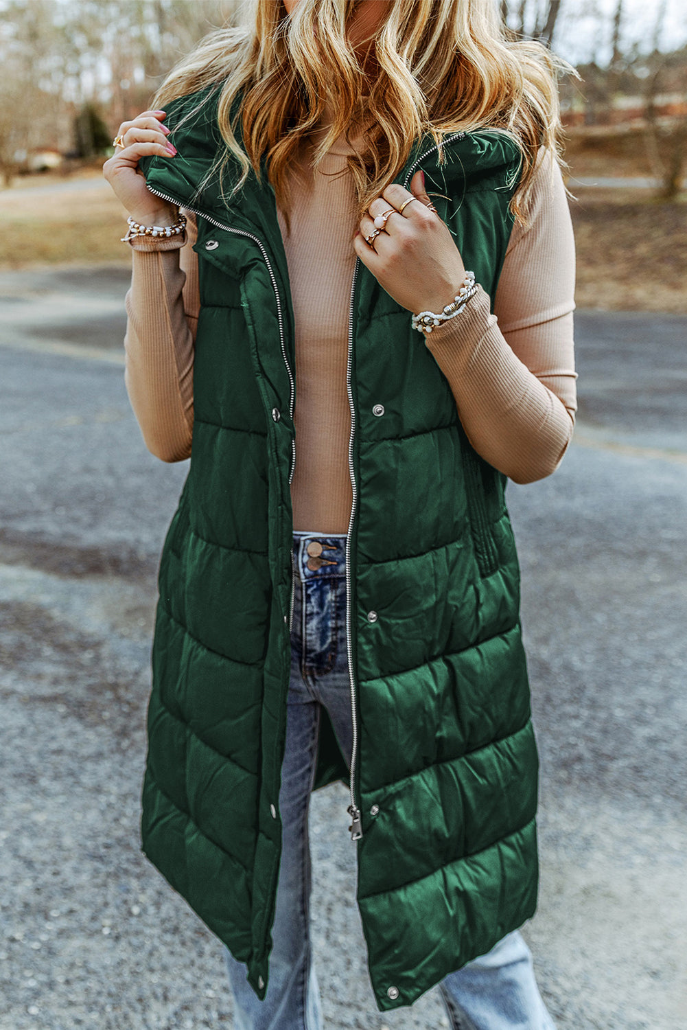 Lily - Long Puffer Vest with Hood