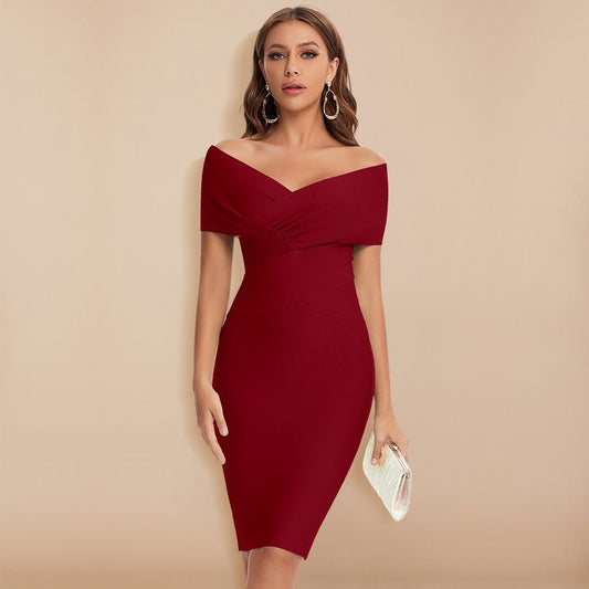 Model wearing the Lila | Off-Shoulder Bodycon Dress, featuring a form-fitting silhouette and an elegant off-shoulder neckline. Perfect for special events, this dress offers a blend of sophistication and modern style.