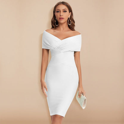 Model wearing the Lila | Off-Shoulder Bodycon Dress, featuring a form-fitting silhouette and an elegant off-shoulder neckline. Perfect for special events, this dress offers a blend of sophistication and modern style.