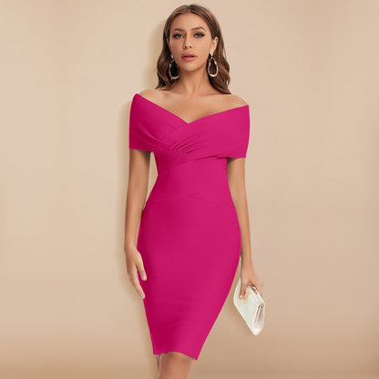 Model wearing the Lila | Off-Shoulder Bodycon Dress, featuring a form-fitting silhouette and an elegant off-shoulder neckline. Perfect for special events, this dress offers a blend of sophistication and modern style.