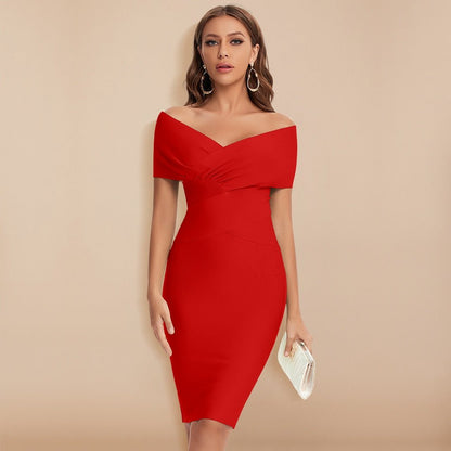Model wearing the Lila | Off-Shoulder Bodycon Dress, featuring a form-fitting silhouette and an elegant off-shoulder neckline. Perfect for special events, this dress offers a blend of sophistication and modern style.