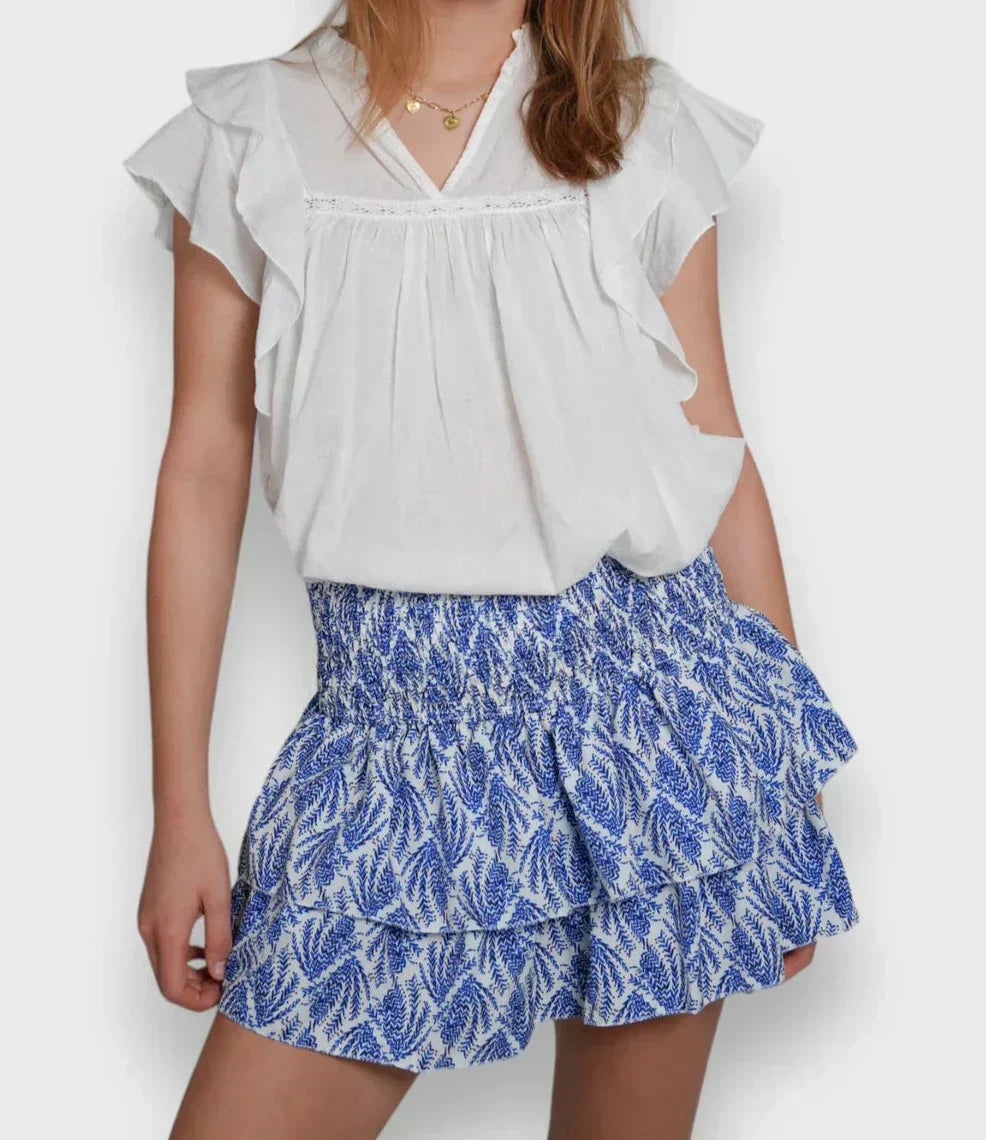 Close-up of the Ella | Tiered Ruffle Mini Skirt, showcasing its flattering smocked waistband and playful tiered ruffle design. Perfect for adding movement and style to any casual or dressed-up look.