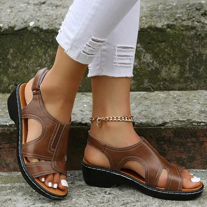 Zavanova - Brown Orthopedic Leather Wedge Sandals