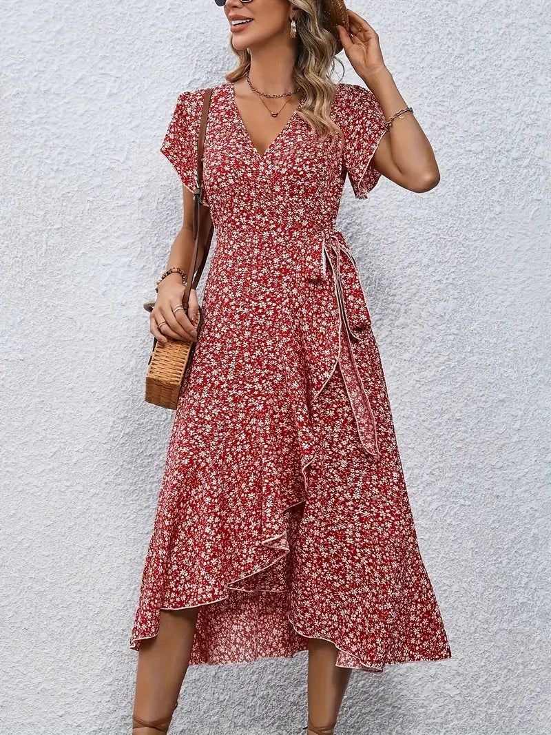 Model wearing the Lily | Flowy Wrap Midi Dress, featuring a flattering wrap design with flutter sleeves and a midi length. Perfect for casual outings and summer events, this dress offers a light, breezy, and feminine look.