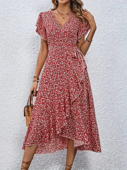 Model wearing the Lily | Flowy Wrap Midi Dress, featuring a flattering wrap design with flutter sleeves and a midi length. Perfect for casual outings and summer events, this dress offers a light, breezy, and feminine look.