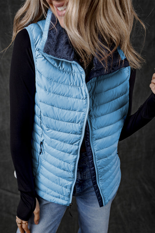 Blue Plush Collared Quilted Zipped Puffer Vest