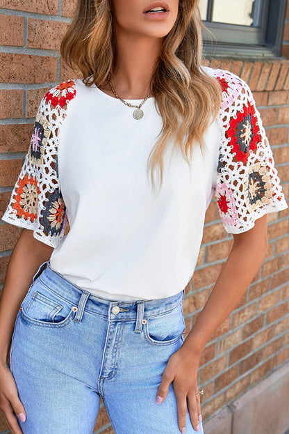 Black Floral Crochet Short Sleeve Top