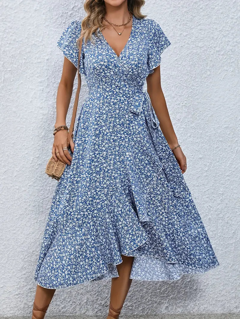 Model wearing the Lily | Flowy Wrap Midi Dress, featuring a flattering wrap design with flutter sleeves and a midi length. Perfect for casual outings and summer events, this dress offers a light, breezy, and feminine look.