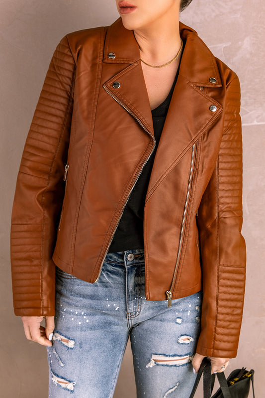 Classic Moto Jacket with Quilted Sleeves and Asymmetric Zipper